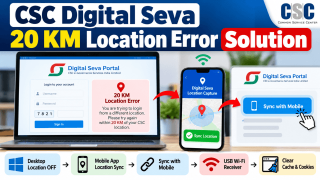 CSC Digital Seva 20 KM Location Error solution using mobile location sync and desktop settings